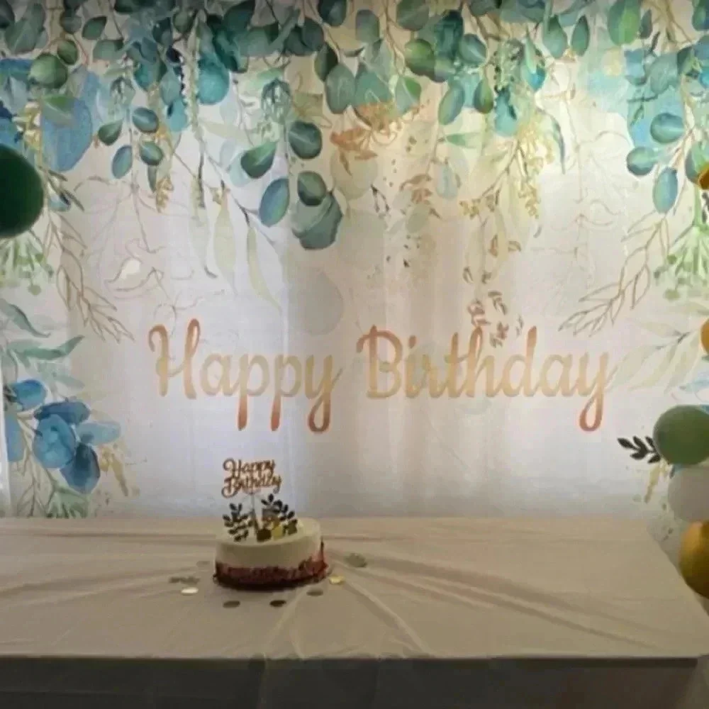 7x5ft Greenery Happy Birthday Backdrop Gold Green Eucalyptus Leaves Bundle